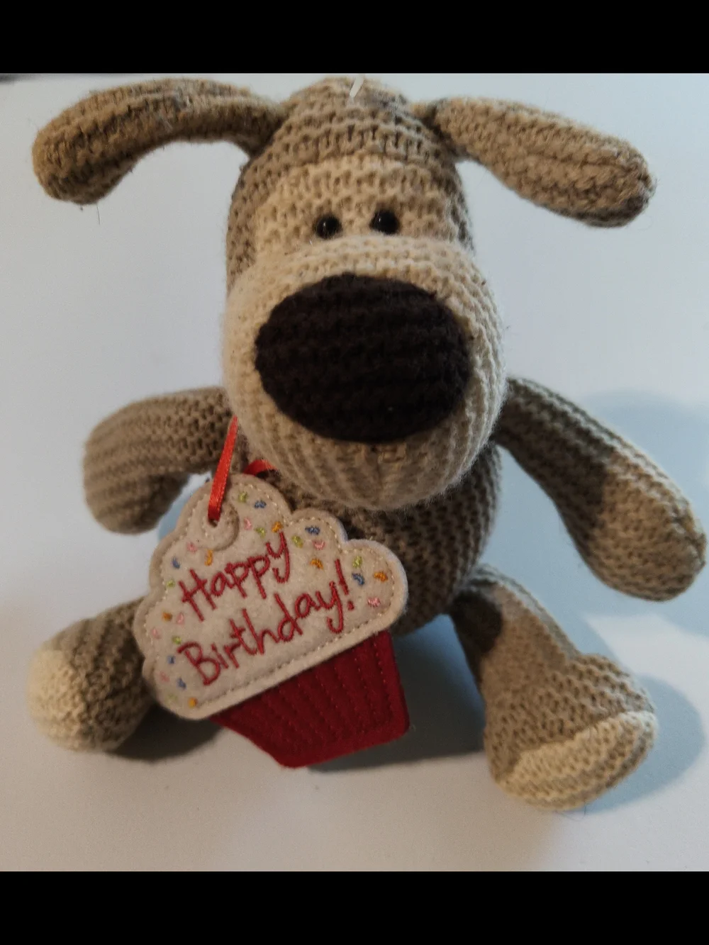 Boofle Knitted Dog With Happy Birthday Cupcake Pendant